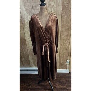 Linen Life Women’s Velvet Dress Brown V-neck Size 18-20 2XL NWTS Long Sleeve New